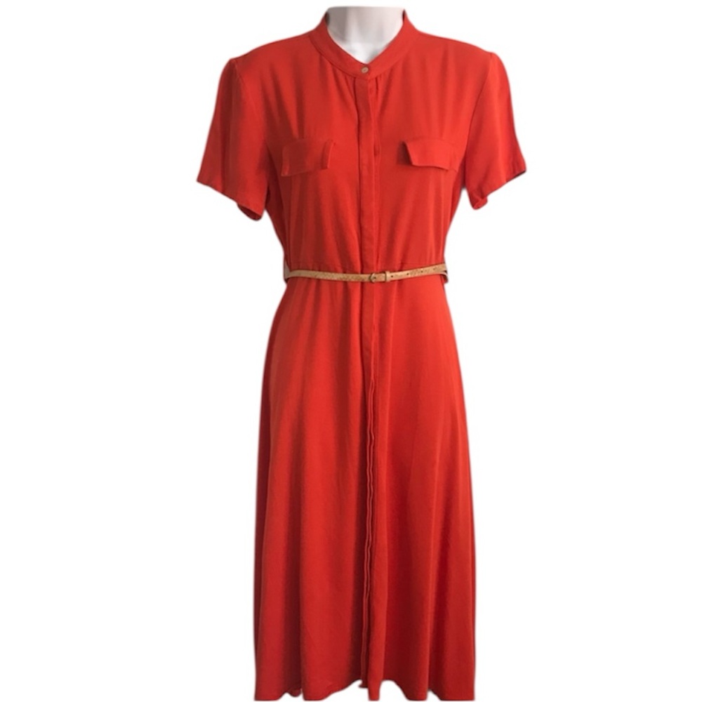 🔴 4/$15 BASEMENT Women’s L Coral Orange SS Button Up Flowy Maxi Shirt Dress EUC